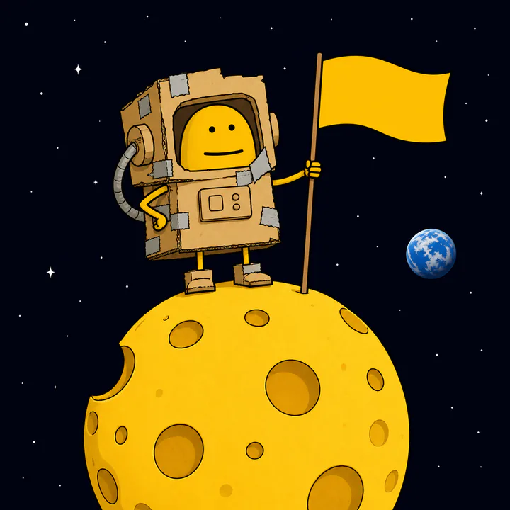 Flork in a cardboard astronaut suit planting a yellow flag on a yellow moon