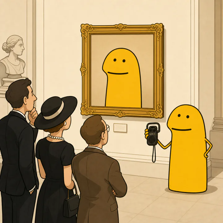 Flork giving museum visitors an audio tour of a framed portrait of Flork