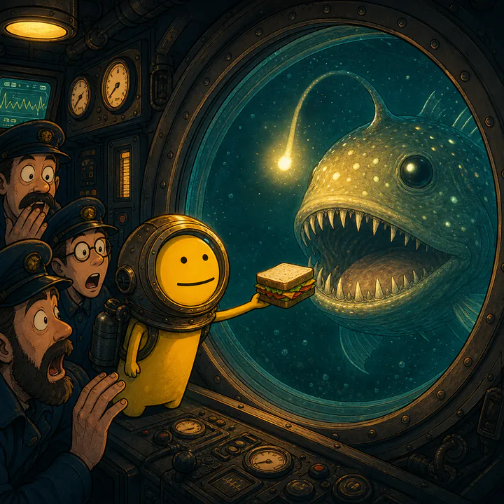 Flork in a submarine offering a sandwich to a giant anglerfish outside the porthole