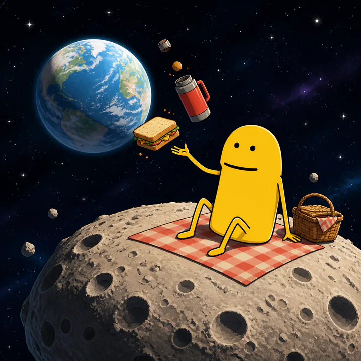 Flork having a picnic on a small moon while a sandwich and thermos float nearby