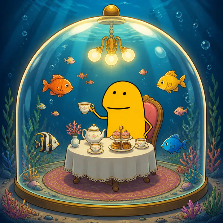 Flork taking tea inside a glass dome at the bottom of the sea