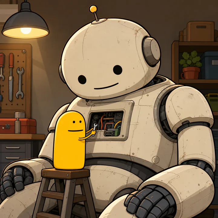 A tiny Flork standing on a stool and repairing the open chest panel of a giant friendly robot