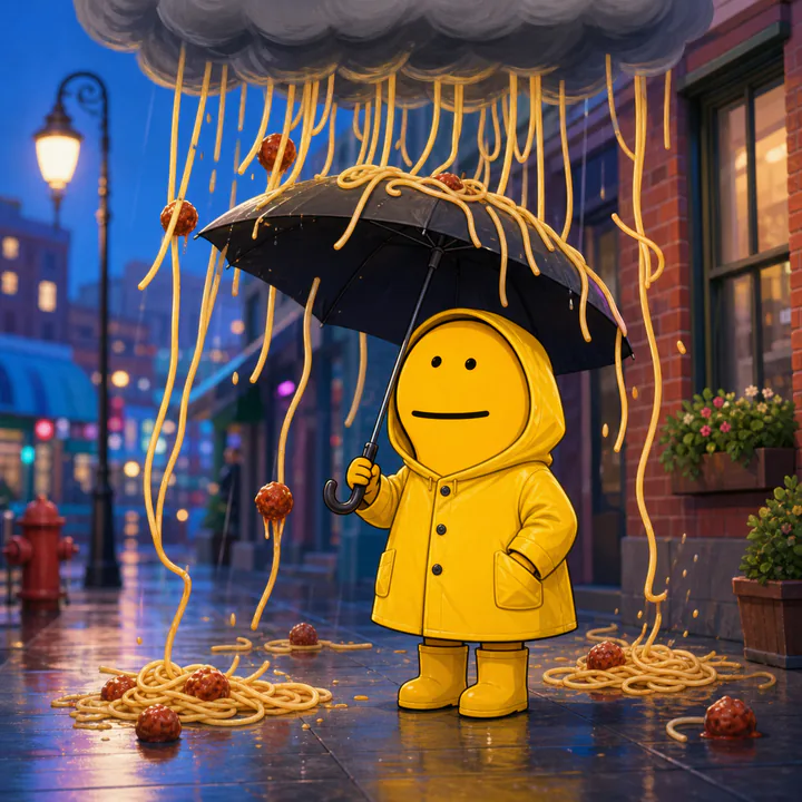Flork in a yellow raincoat holding an umbrella during a storm of spaghetti and meatballs