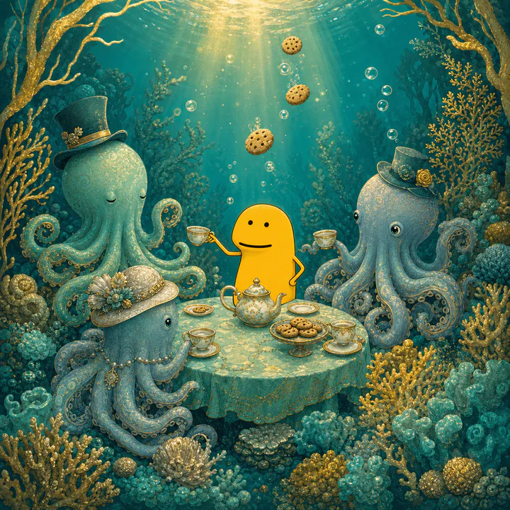 Flork sharing an underwater tea table with three elegantly dressed octopuses