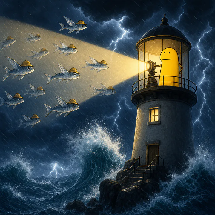 Flork operating a lighthouse in a storm while fish wearing small helmets fly through the beam